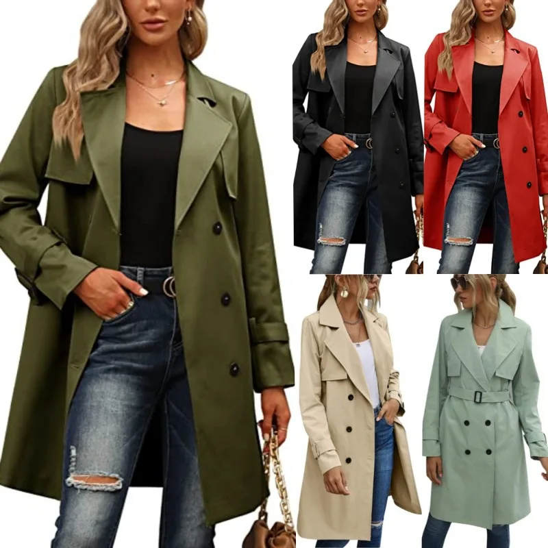 Autumn and Winter Women's Double-breasted Fashion Casual Lapel Mid-length Trench Coat