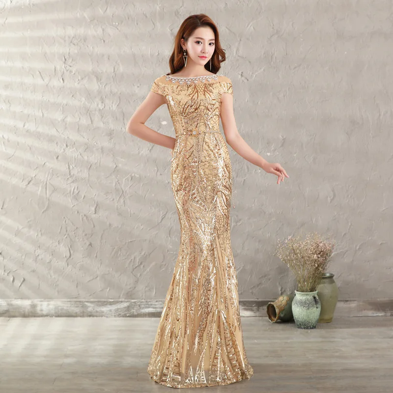 

2022 summer new golden evening dress host long thin annual meeting dress female banquet sexy fishtail skirt