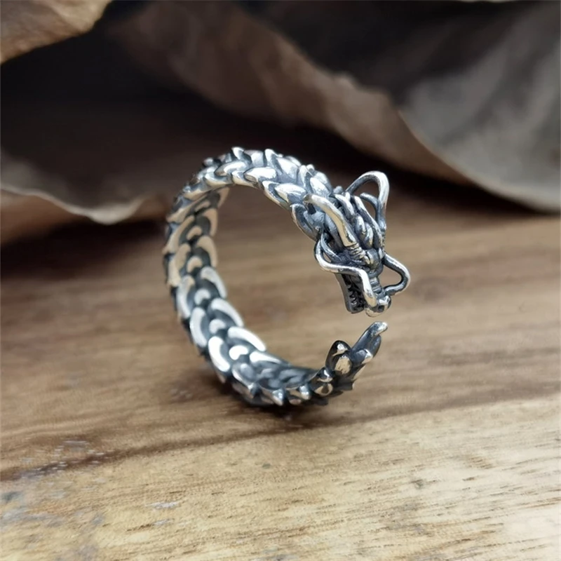 Unique Creative Design Texture Chinese Dragon Shape Ring Trend Fashion Men's Dragon Head Open Metal Ring Gift Jewelry Adornment