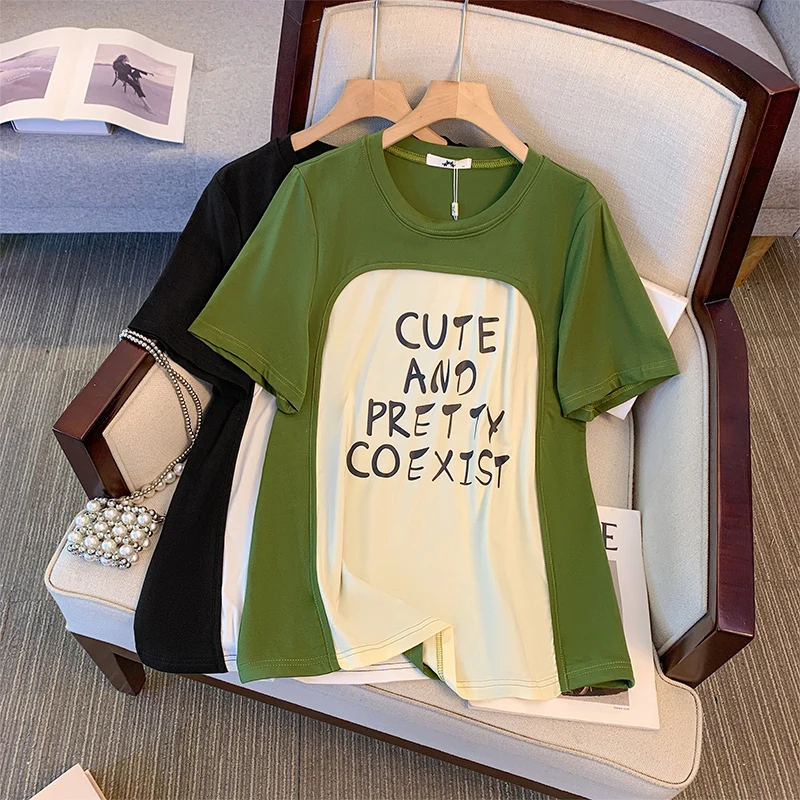 Женская Летняя Повседневная Футболка С Принтом Комбинированный Топ Большого