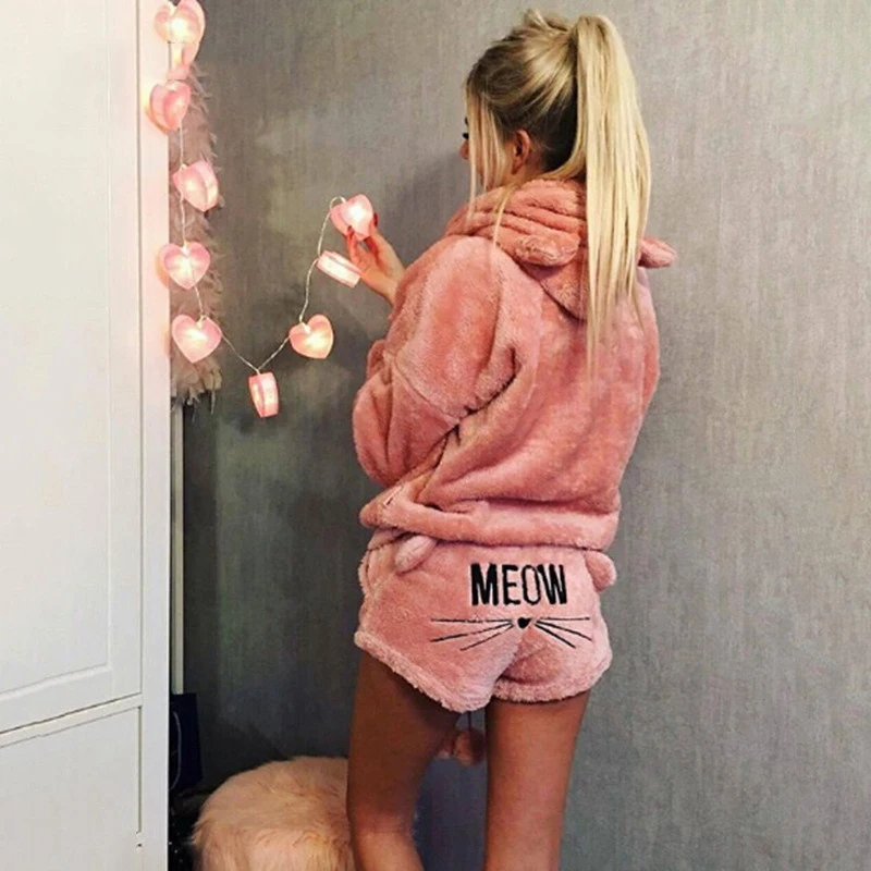 

European And American Hot Style Pajamas Women Autumn And Winter Home Service Cat Embroidery Hooded Flannel Pajamas Warm Suit