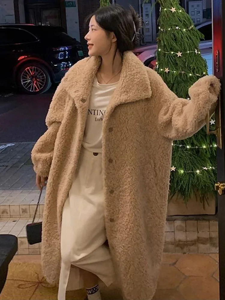 Свободные Утепленные длинные куртки из овечьей шерсти женские повседневные