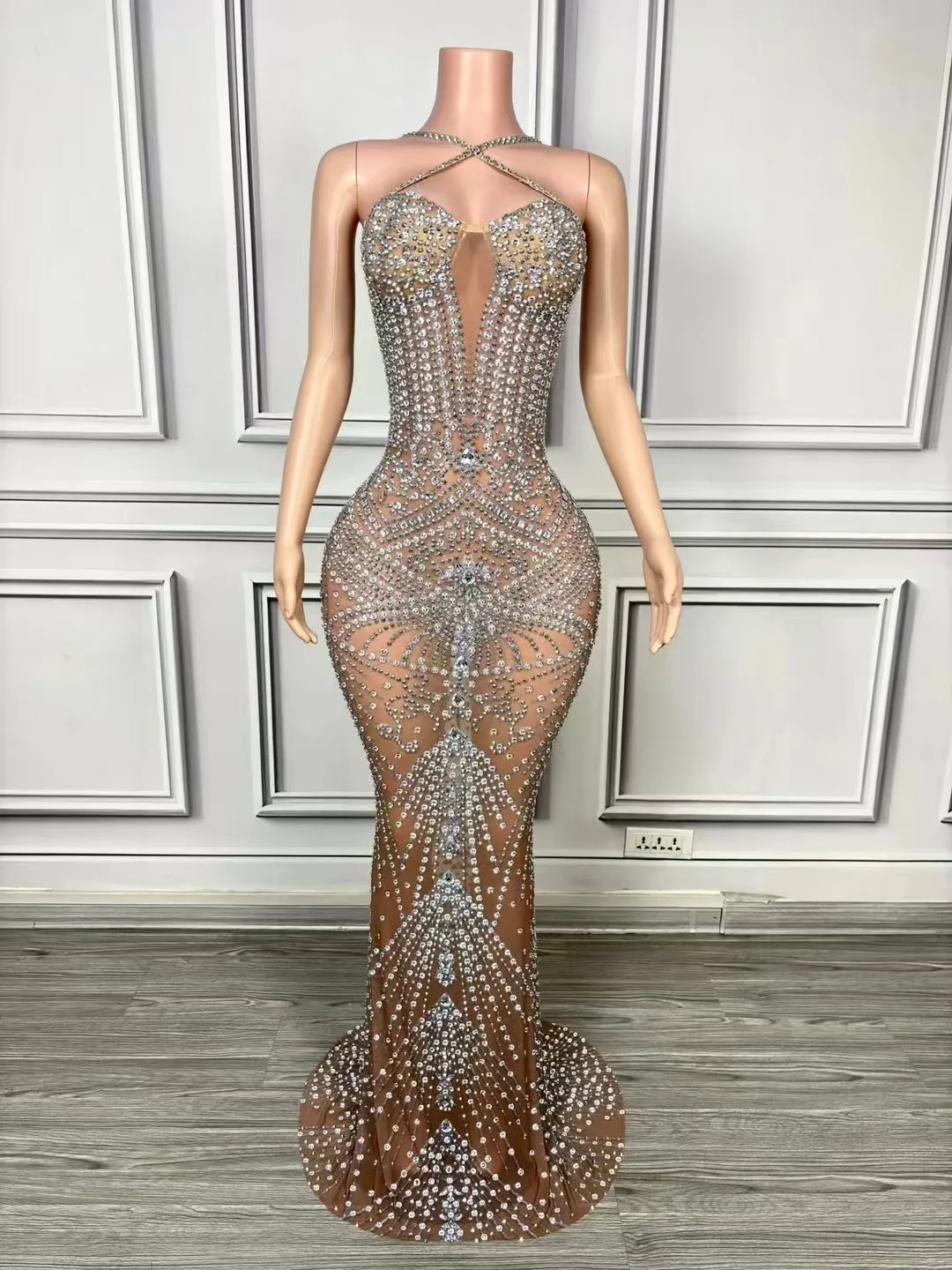 Новый дизайн светло-коричневое элегантное вечернее платье с перекрестным