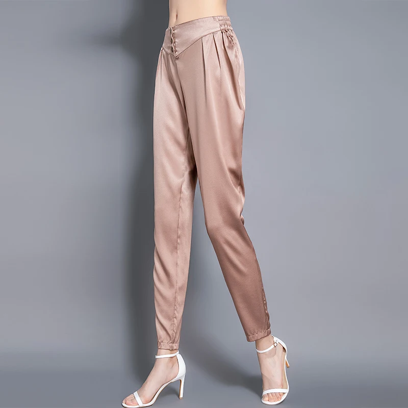 100% Silk Pants Women 3 Colors Simple Design Solid Loose Elastic Waist Button Harem Trousers New Fashion Style