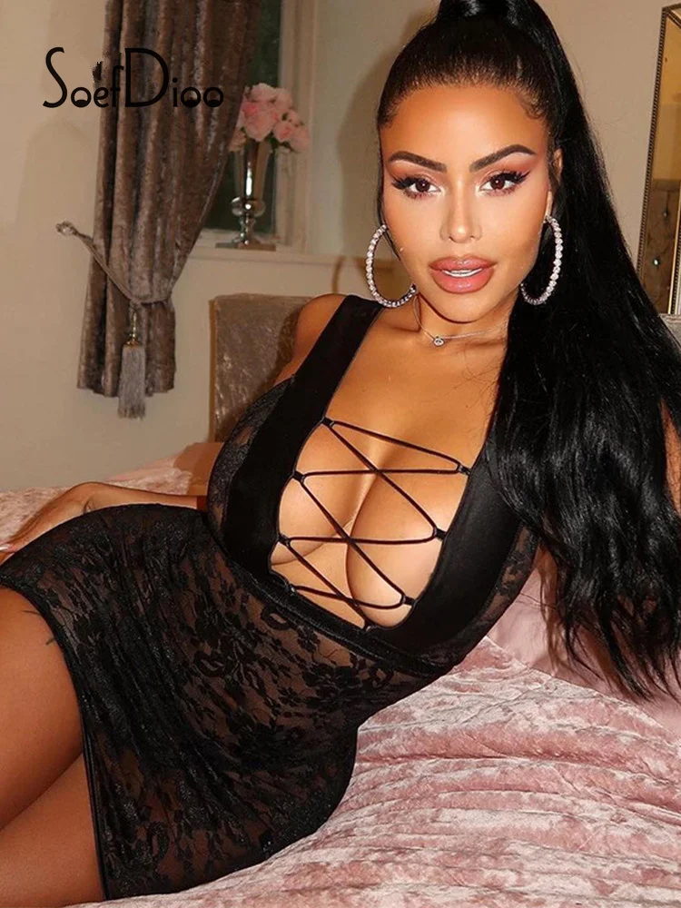 

Женское Сетчатое Прозрачное платье Soefdioo, черное платье-мини без рукавов с глубоким V-образным вырезом и открытой спиной, одежда для ночного ...
