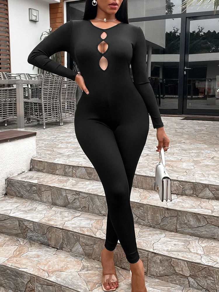 Ladies Sexy Club Wear Y2K Hollow Out Long Sleeve Ribbed Bodycon Zipper Skinny Jumpsuit Women 2022 Sporty Streetwear Solid Romper
