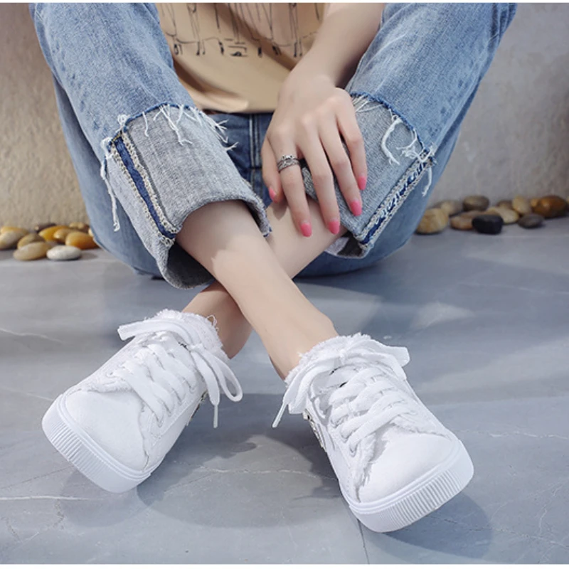 Женские холщовые шлепанцы без застежки плоская подошва полукроссовки для скейта