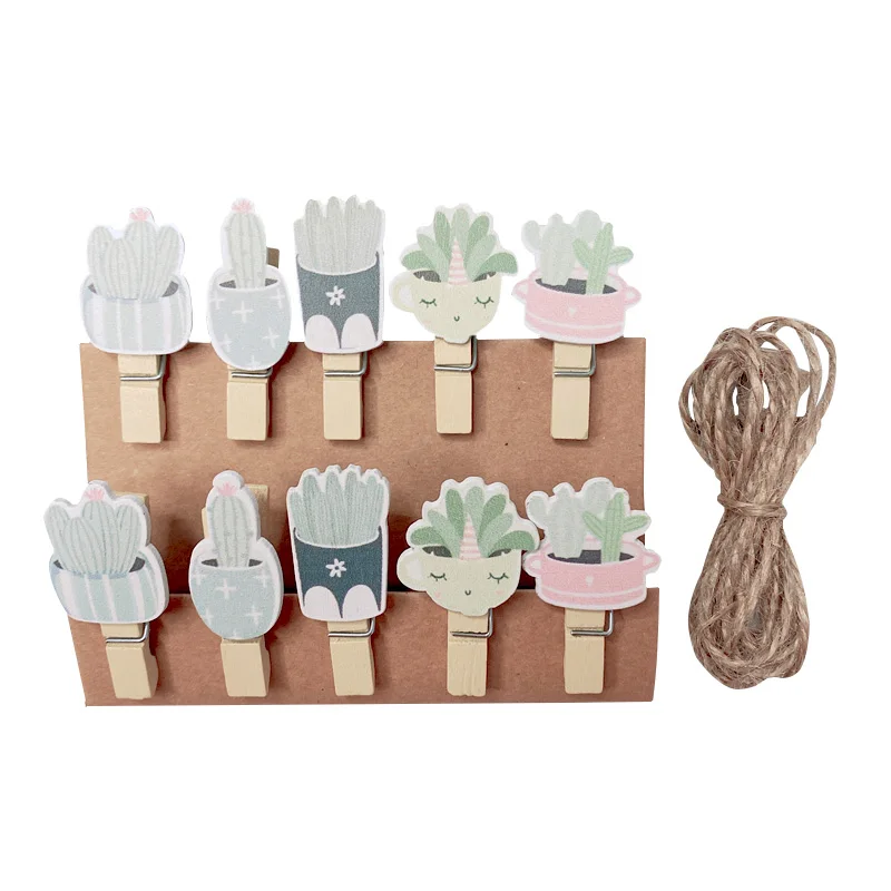 

10pcs/bag Cartoon cactus wood clip with twine photo Snacks seal Room decoration display photos Memo Paper DIY