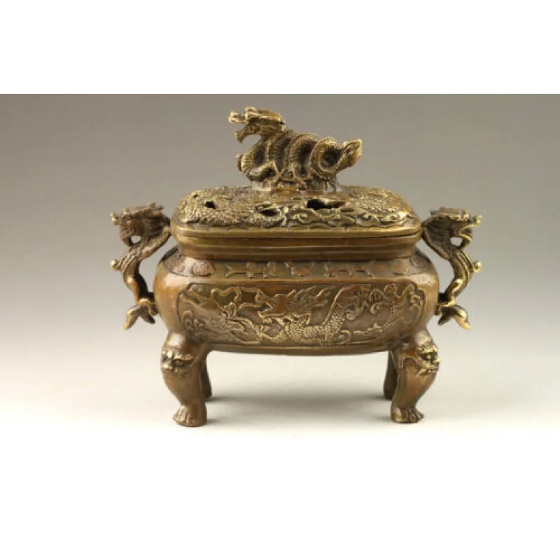 

Antique Old Signed Handmade Exquisite Vivid Dragons Bronze Incense Burner Censer