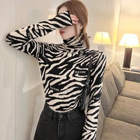 duofan pullover sweater women spring and autumn leopard prind letter turtleneck pile collar bottoming shirt knitted sweater tops