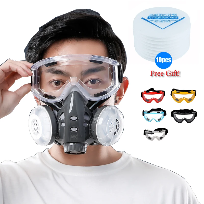 

New Dust Mask Respirator Dual Filter Half Face Mask With Safety Glasses For Carpenter Builder Polishing Dust-proof +10 Filters
