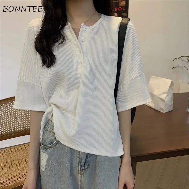 

T-shirts Women Korean Style Loose-fitting Simple O-neck Soft Feminino Daily Knitted Causal Trendy New Summer Five-Quarter-Sleeve