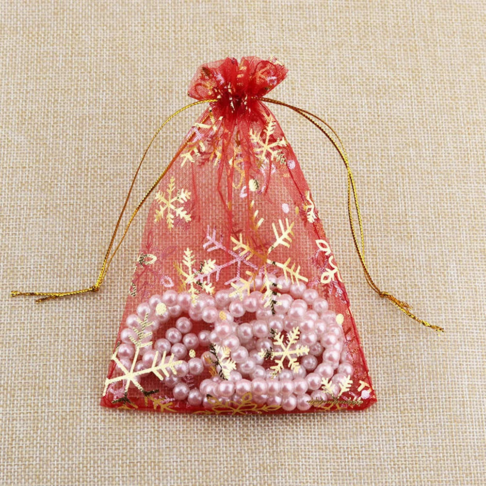 

50 Pcs Small Organza Sheer Favor Gift Bags Mini Golden Snowflake Pattern Jewelry Pouches Wrap Organza Drawstring Bags for