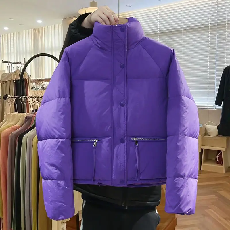 Women Thickening Down Jacket Casual Stand Collar Short Outwear Autumn Coat Female New 2023 Fashion White Duck Down Buttons M51