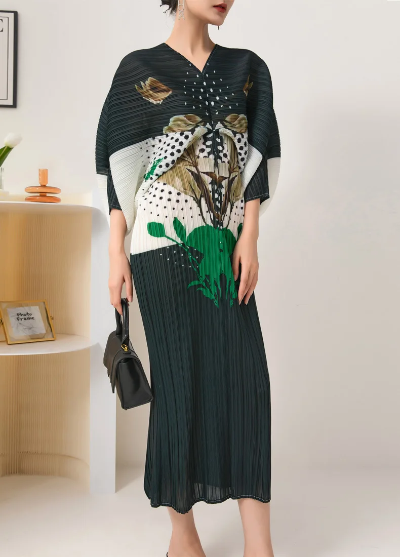 

Женское Плиссированное Платье с принтом, платье большого размера с V-образным вырезом и рукавом летучая мышь, весна-осень 2022