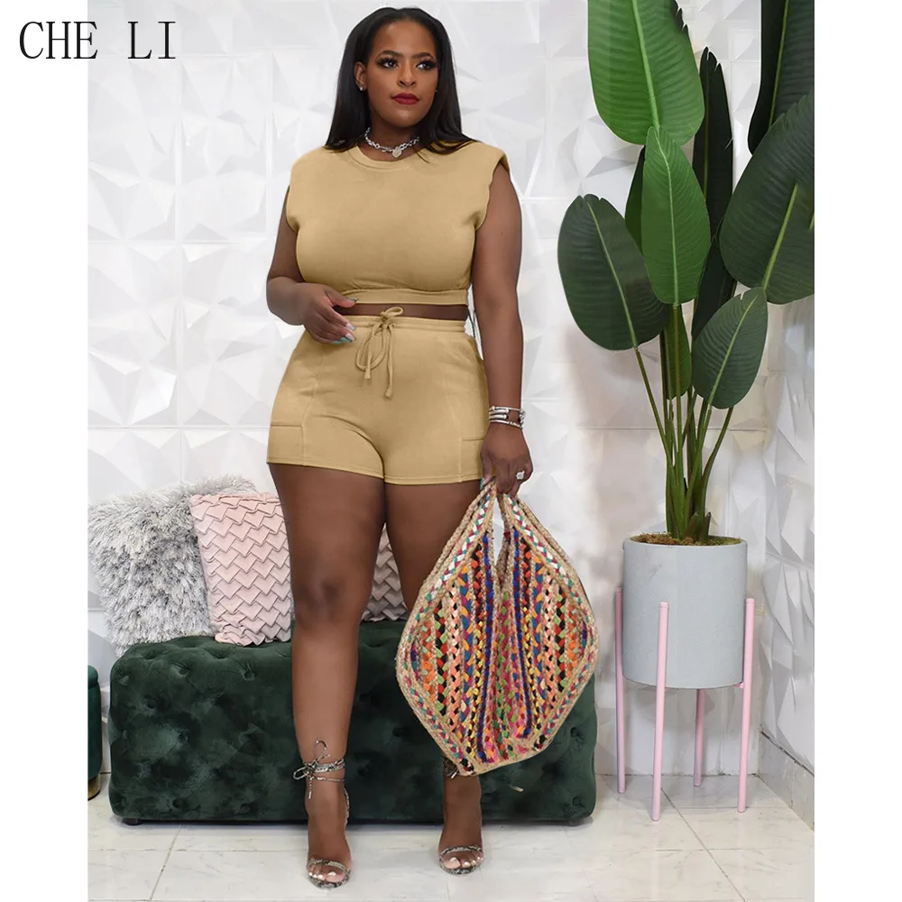 Street Casual Plus Size Women's Solid Color Fashion Shoulder Pad Sleeveless Short T-Shirt + Lace-Up Loose Shorts Two-piece Suit