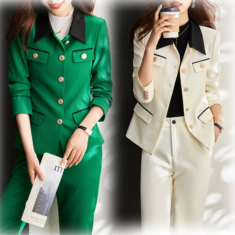 2022  Autumn Winter Formal Ladies White Blazer Women Business Suits Beige Sets Work Wear Office Uniform 4XL Size Pants Jacket