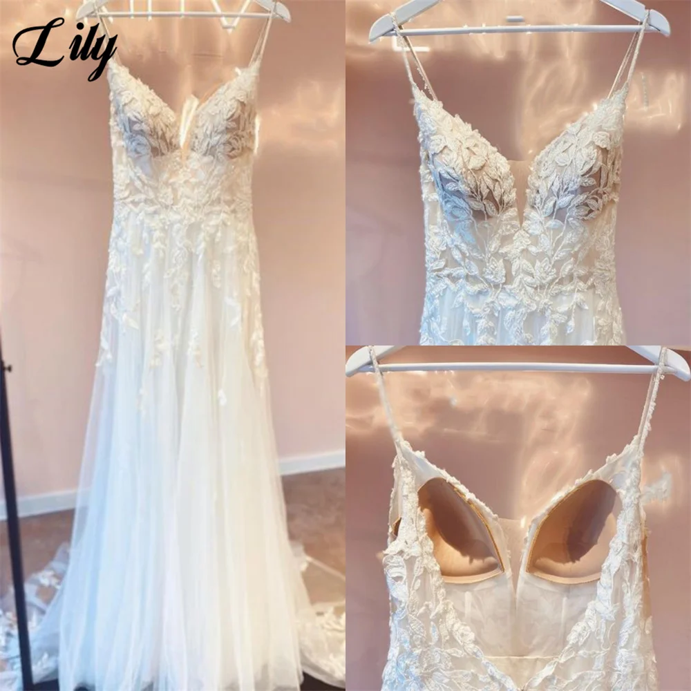 

Lily Spaghetti Strap Charming Wedding Dress Elegant Appliques Wedding Gown V Neck Bridal Dress Sexy Bridal Gown vestido novia