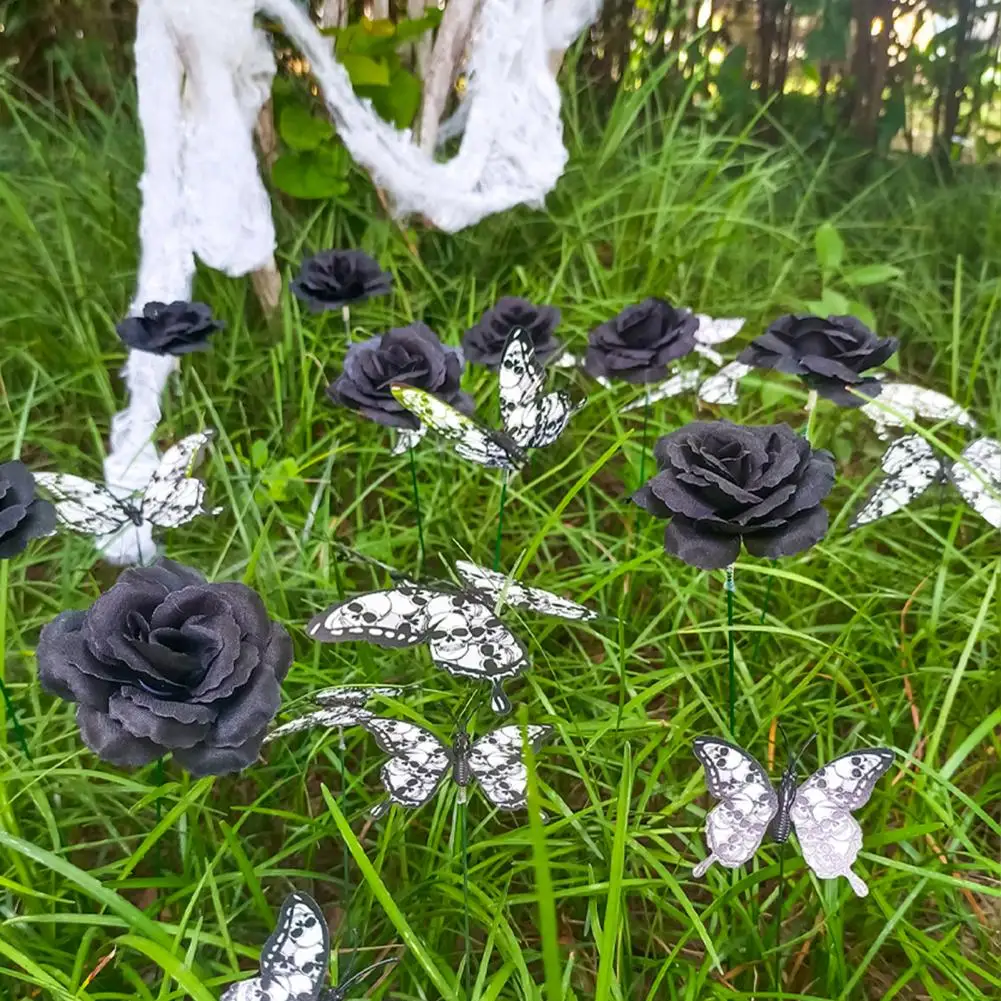 

Outdoor Decorative Stake Durable Butterfly Black Rose Retro Courtyard Garden Stakes Outdoor Decor for Halloween Parties Holiday