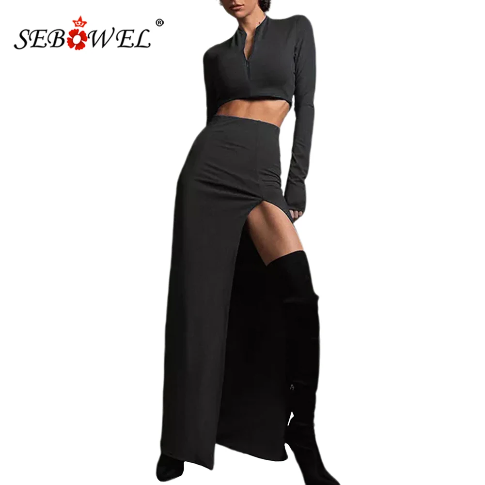 

SEBOWEL Velvet Sexy Strapless Crop Tube Top High Waist Slit Maxi Dress 2 Pcs Suits 2022 Fall Women Fashion Streetwear S-L
