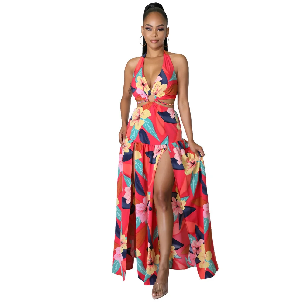 

Платье-макси летнее с разрезом сбоку, без рукавов