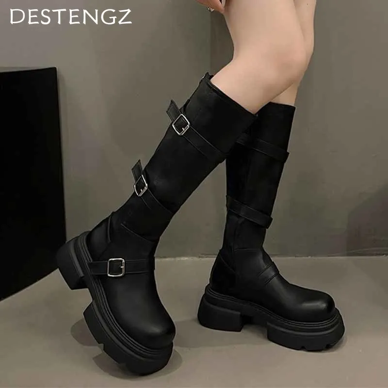Женские высокие ботинки на платформе модные дизайнерские кожаные среднем