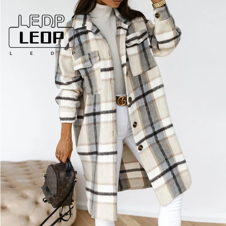 

2022 New Winter Women's Woolen Plaid Warm Windbreaker Casual Fashion Coat Women's Autumn Brushed Plaid Lapel Women's Coat