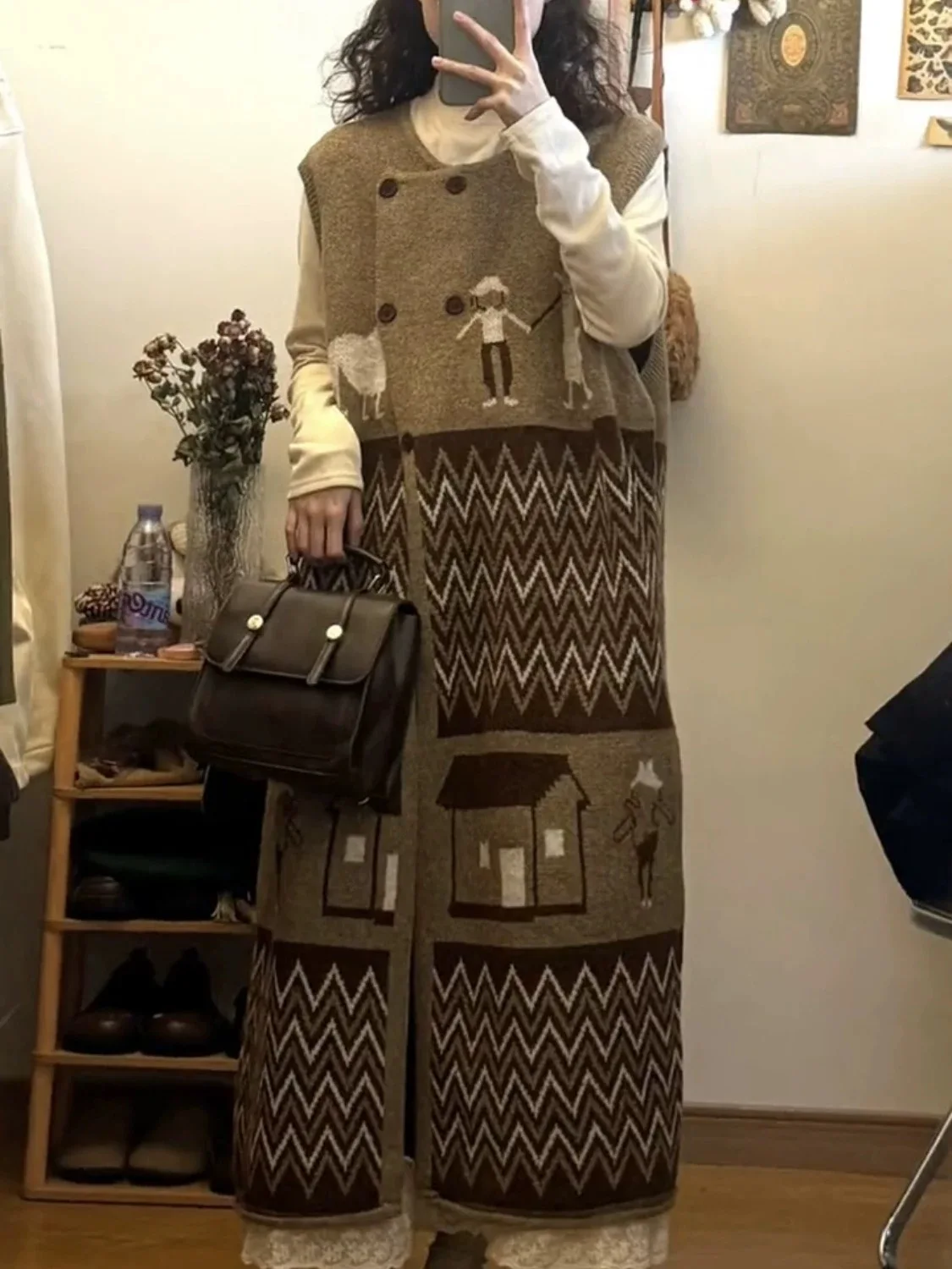 Японский винтажный вязаный свитер средней длины жилет юбка женский новый