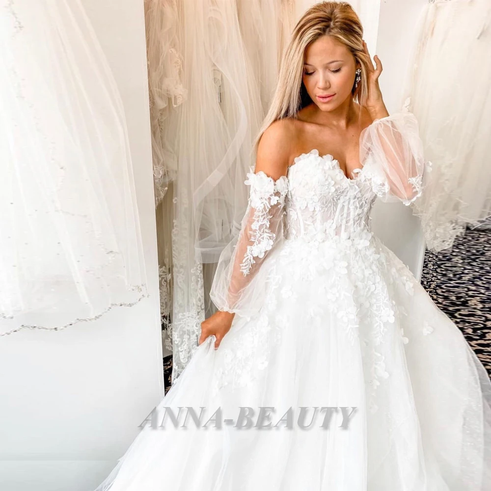 

Anna Sweetheart Long Sleeves Wedding Dress For Bride Appliques Pleats Sparkly Tulle A Line Lacing Up Robe De Mariée Personalised