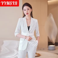s 4xl high end womens suit office pants 2022 new summer temperament striped half sleeve ladies jacket slim cropped pants