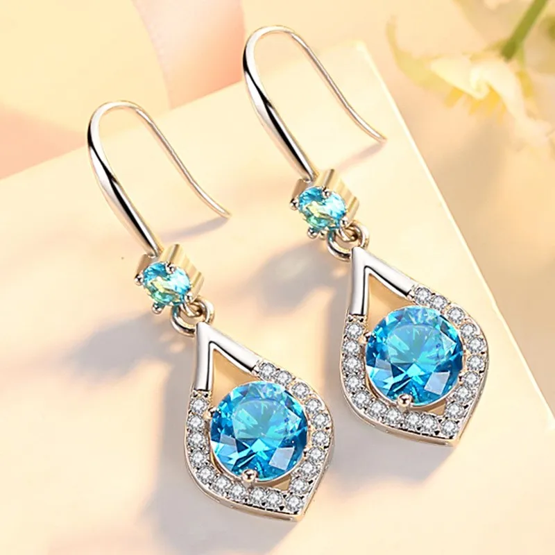 

Fashion Long Geometric Shiny AAA+ CZ Rhinestone Dangle Earrings Inlaid Blue White Round Crystal for Women Party Jewelry