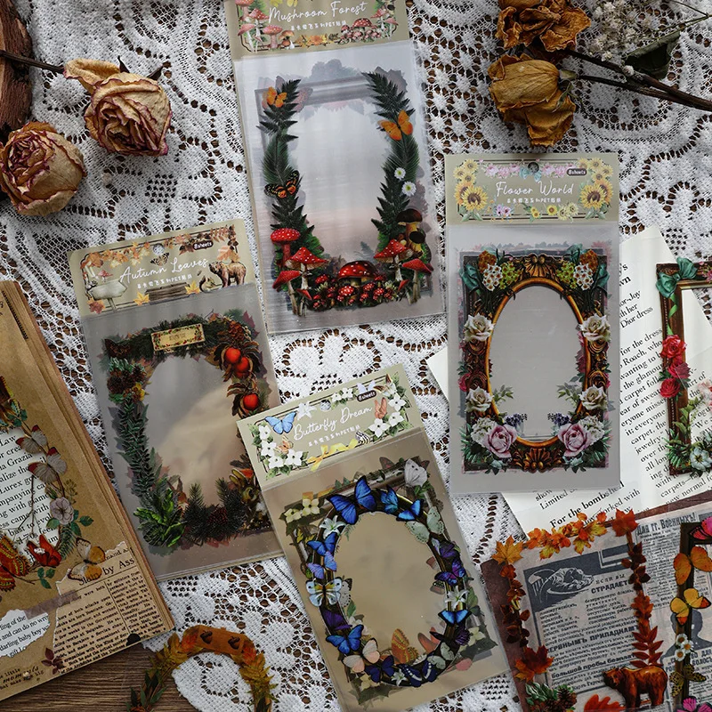 

MOHAMM 8 Sheets Butterfly Mushroom Picture Frame Sticker Retro Hand Curtain PET Waterproof Material