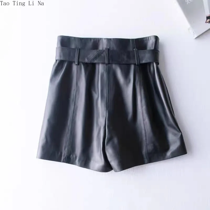 2022 All-match New Leather Sheepskin Wide-leg Leather Shorts Women's High Waist  Loose and Thin Leather Shorts G6