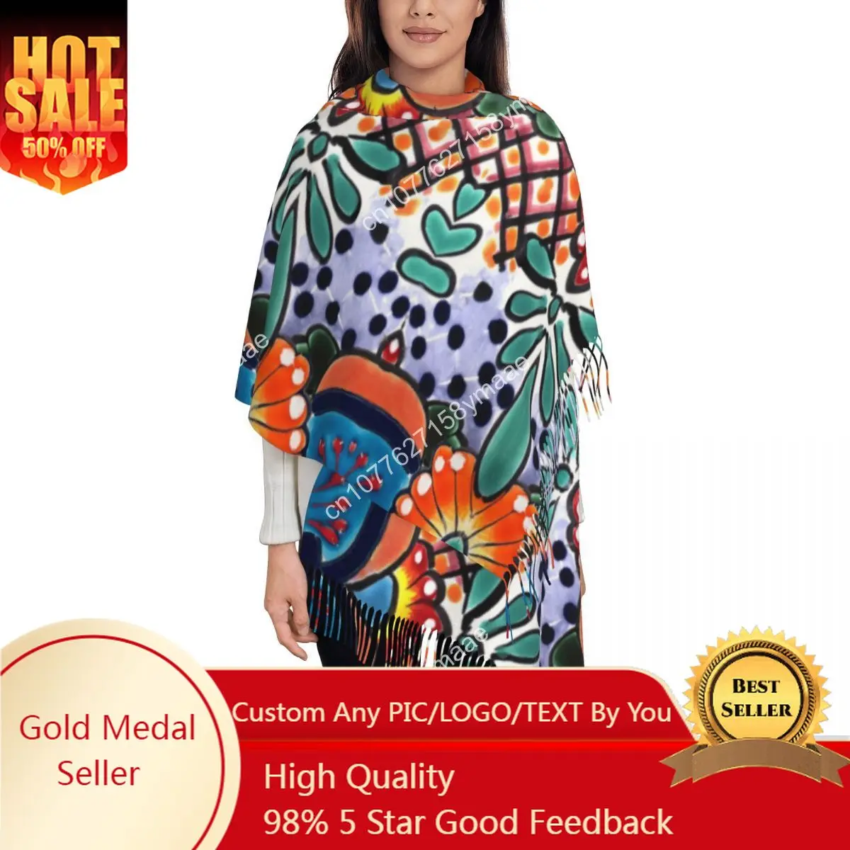 

Colorful Talavera Mexican Shawl Wrap Women Winter Large Soft Scarf Folk Neckerchief Tassel Scarves