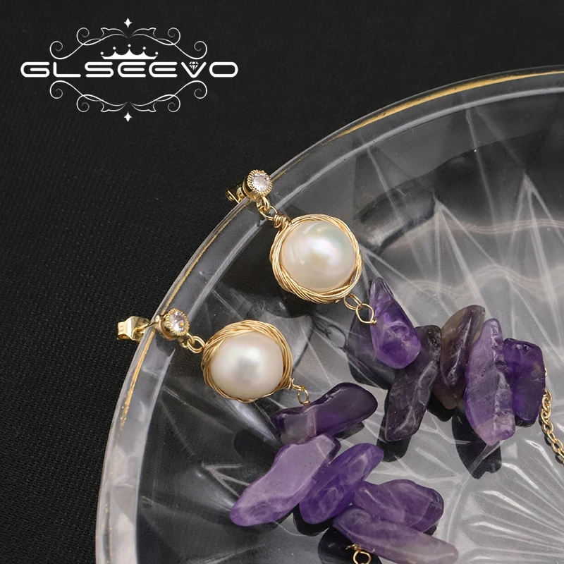

GLSEEVO Natural Freshwater Pearls Amethyst Drop Earrings Luxury Fashion Personality High Quality Jewelry For Woman Anniversary