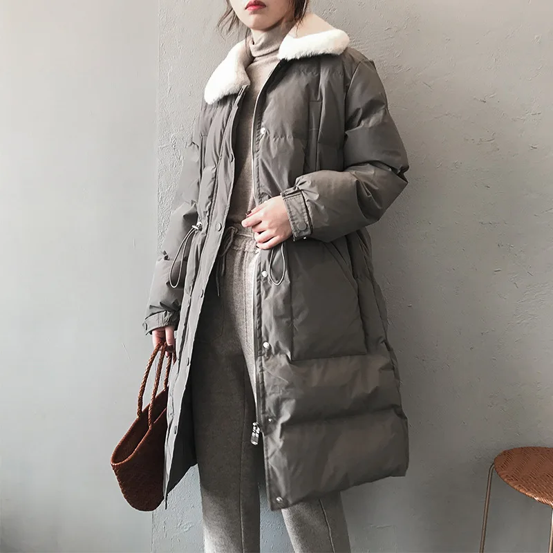 

FAKUN delle Nuovo inverno Women giu del rivestiment of faux Skin of collare cousmooth sottile della chiusura