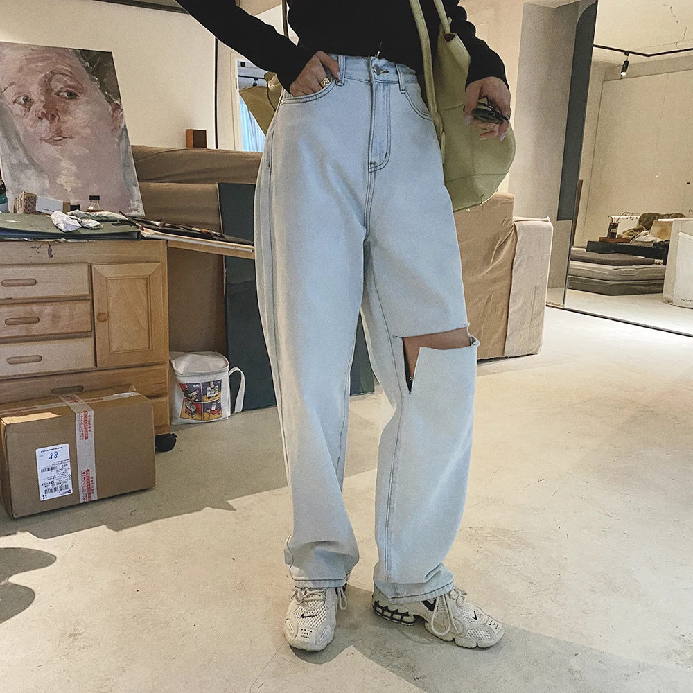 

2022 spring new women's loose light blue straight high-waisted thin wide-leg pants women's all-match ripped pants