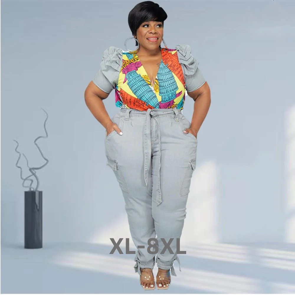 Plus Size Sets Denim Two Piece Set Puff Sleeve Patchwork Crop Top and Jeans Matching Suit Wholesale Item 3xl 4xl 5xl 6xl