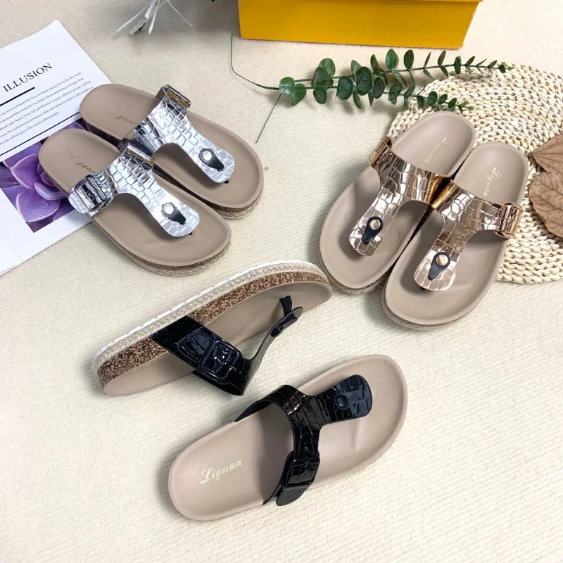 2022 New style hemp rope sandals thick cork sole slippers Women's leisure holiday flip flops outdoors flat with beach shoes