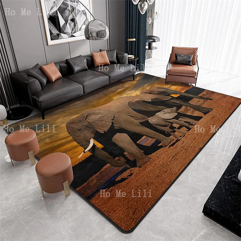 

African Elephant Family Desert Walking At Sunset Happy Little Baby Splashing Design Funny Animal Flannel Floor Rugs Carpet Decor