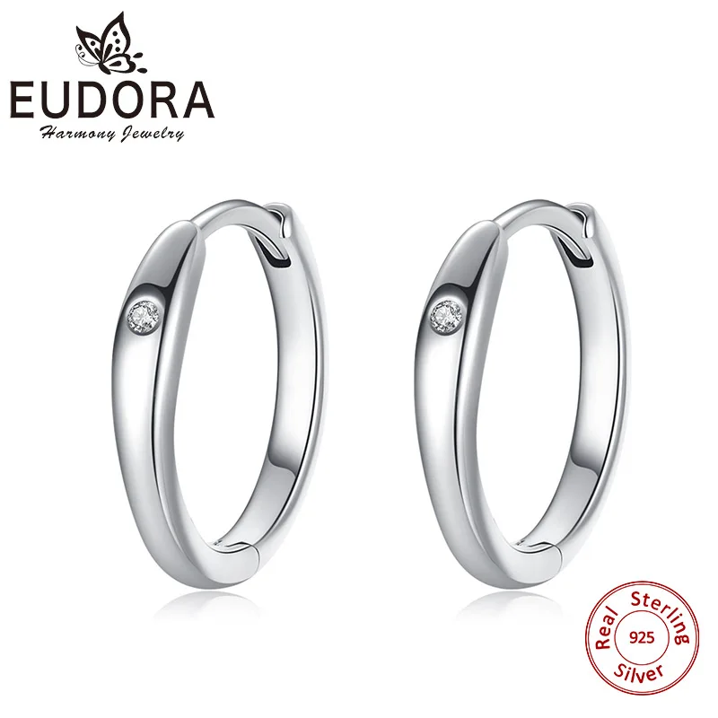 

EUDORA Genuine 925 Sterling Silver Crystal Hoop Glossy earrings Trendy Elegant Simple Charming Chic Party Jewelry for Women Men