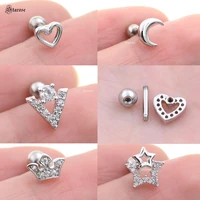 2pcs 1 0x6mm 18g pin surgical steel moon heart ear studs zircon star helix piercing cartilage pierc tragus lobe earrings jewelry