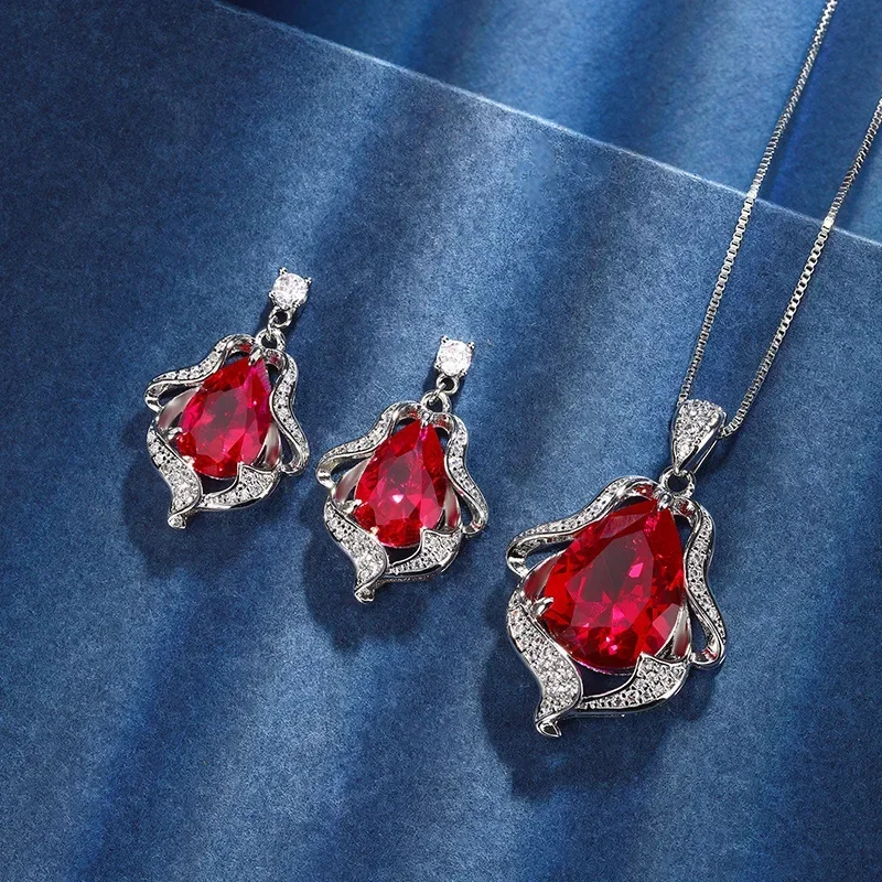 

Red Water Droplet Crystal Retro Pendant Necklace Earrings Women Jewelry Wedding Anniversary Gift Gala Cocktail Club Accessories