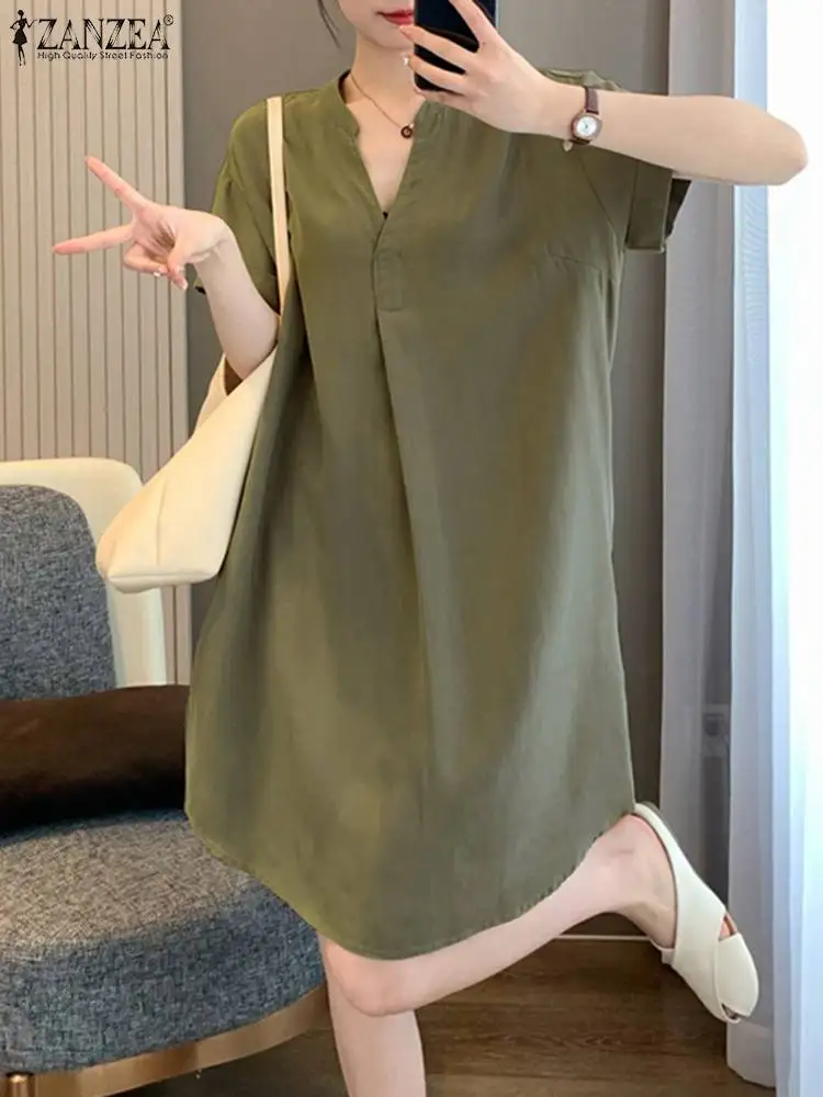 

Летнее повседневное мини-платье ZANZEA, Модные свободные короткие халаты, праздничные платья с V-образным вырезом, однотонный Повседневный женский сарафан с коротким рукавом