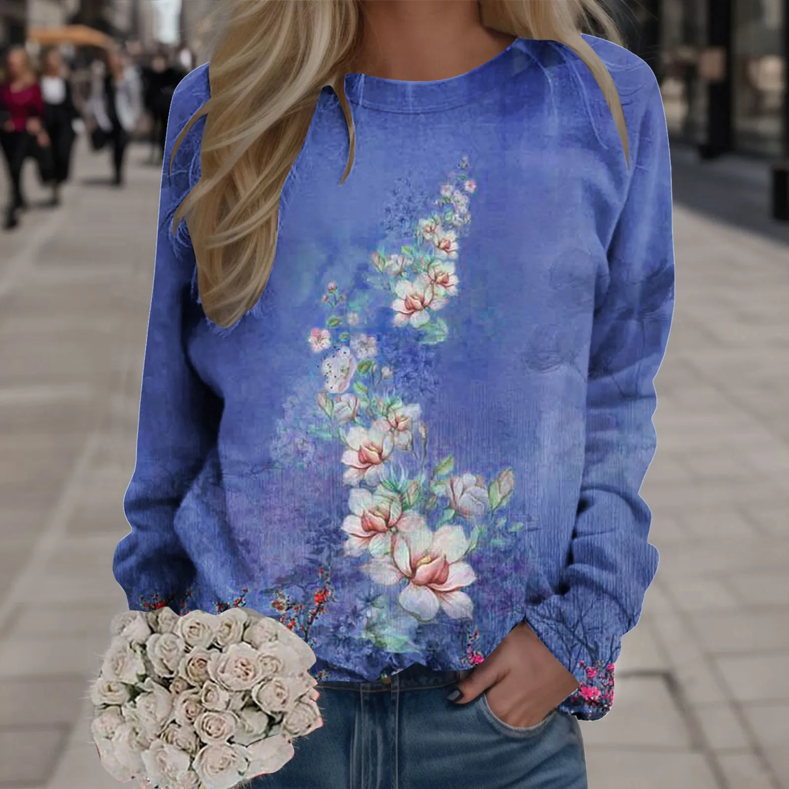 

Womens Hoodies Oversize Flower Printed Hoodless Sweetshirts Vintage Graffiti Pullover Sweetshirts O-Neck Long Sleeve Y2k Tunic