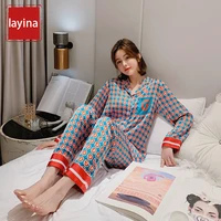 ice silk pajamas women spring long sleeved thin plaid striped suit fashion can be worn outside home service women