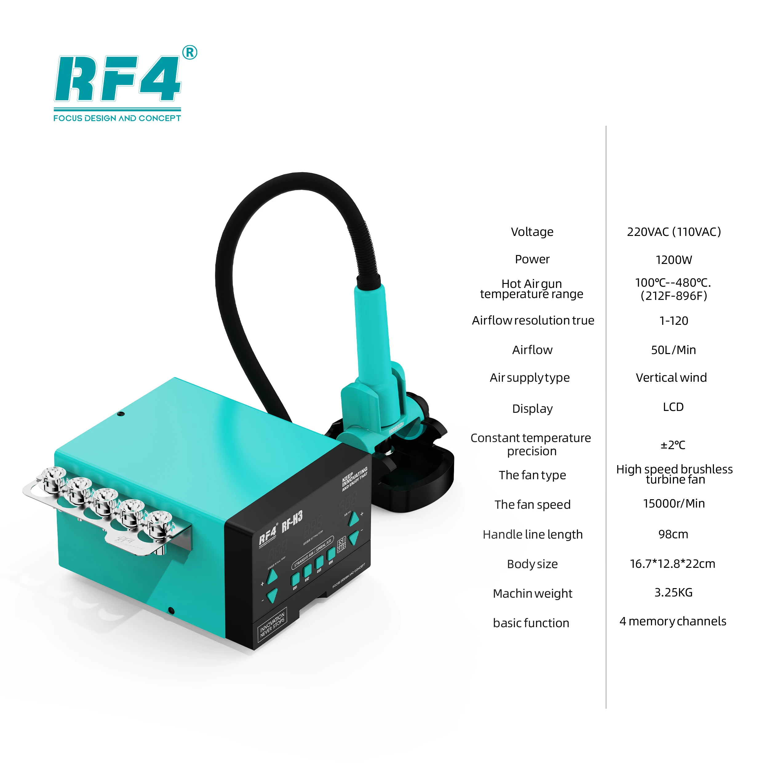 RF4 RF-H3 1200 Вт паяльная станция SMD с горячим воздухом интеллектуальный ЖК-дисплей