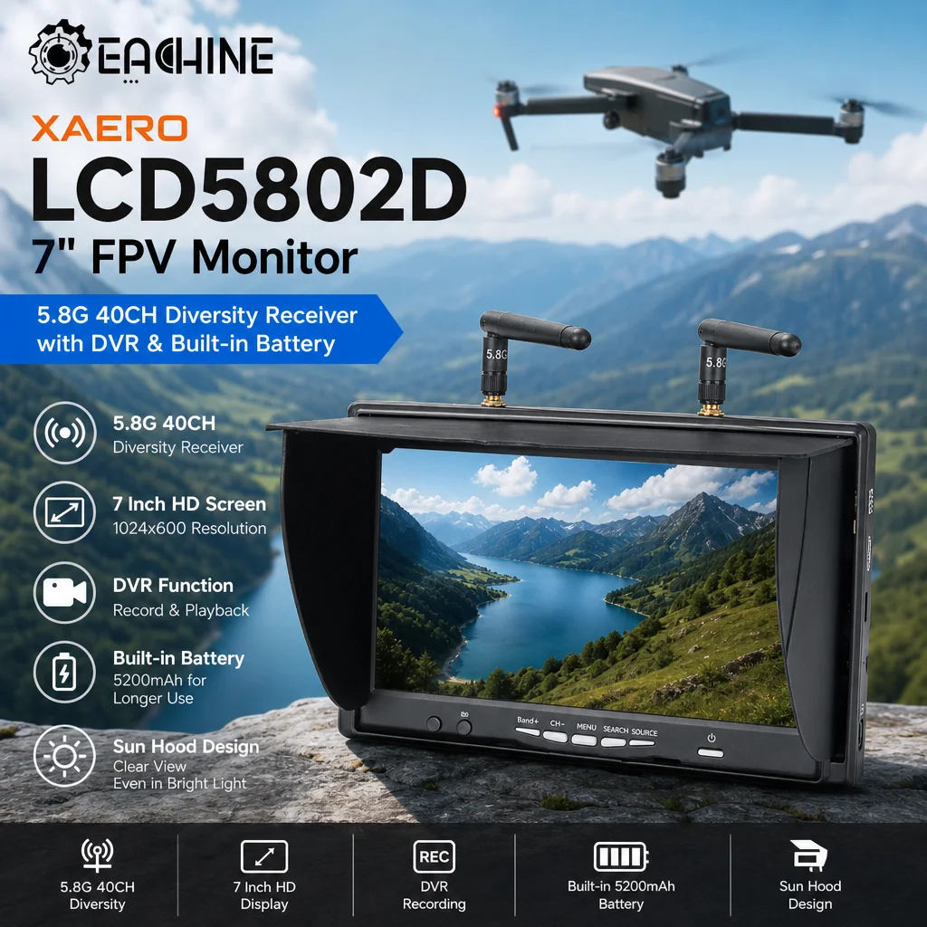 Фото FPV-монитор XAERO Eachine LCD5802D 7 дюймов – 5.8G 40-канальный диверситивный приемник с DVR и встроенным аккумулятором для радиоуправляемых дронов №1