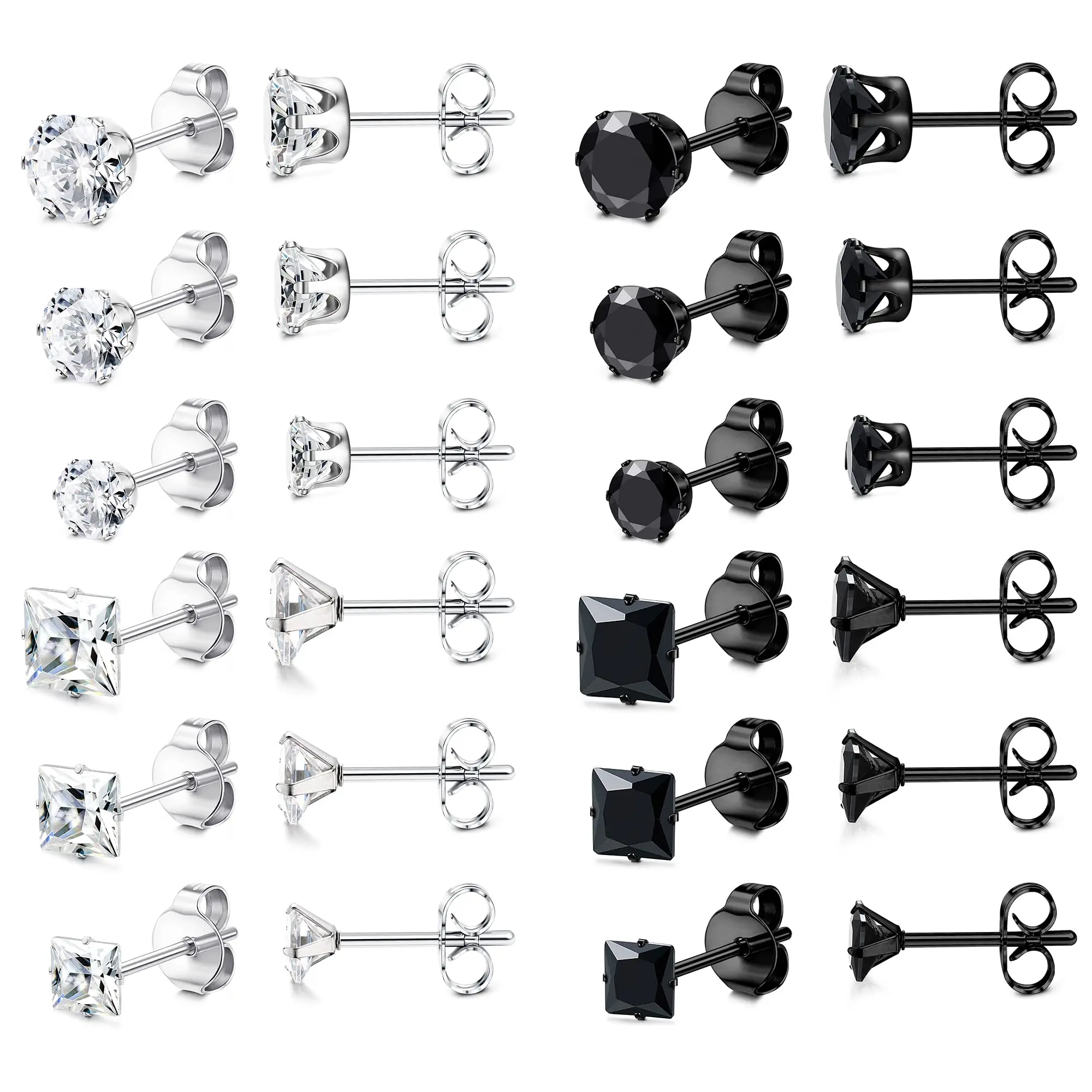 

12 Pairs CZ Stainless Steel Stud Earrings for Men Women Black Silver Stud Earring Set Round Square Cubic Zirconia Earrings 3-5MM