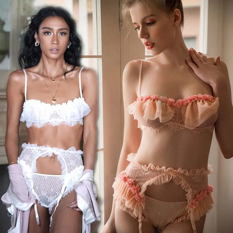 

Women Lace Ruffles Temptation Intimates Underwear Mesh See Through Extra Thin Bra and Panty with Garter Sexy Bras Bralette Set
